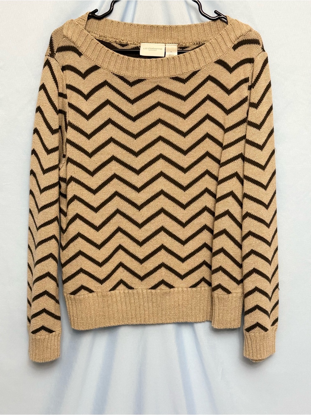 Liz Claiborne XL Chevron Knit Sweater Tan Brown Long Sleeve Pullover